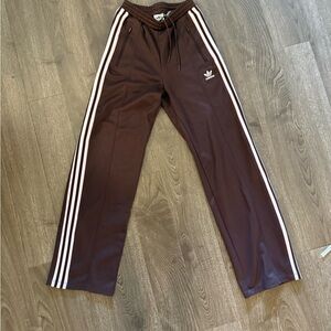 Adidas firebird wide leg Brown Track Pants with baby pink Stripes sz xs